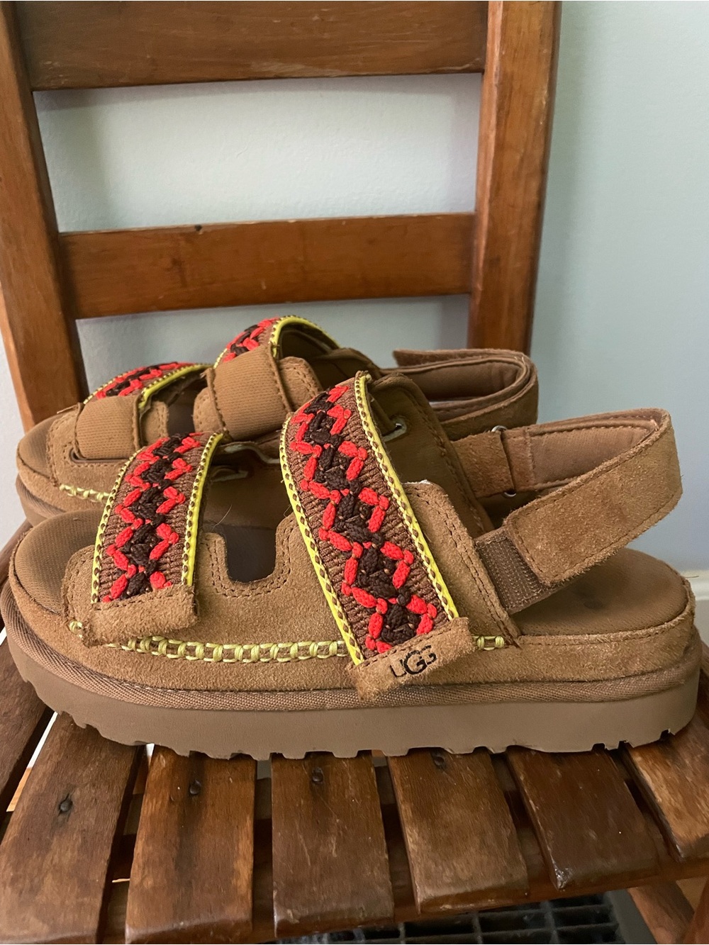 UGG Women’s Brown Suede Sandals with Red and Yellow Braided Straps